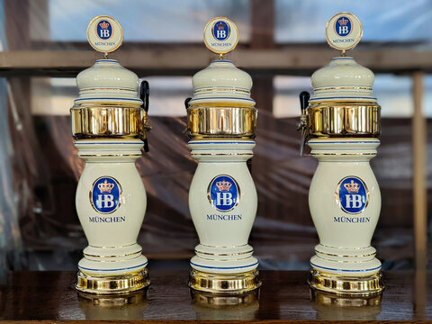 Rikoti, Georgia, May, 27, 2022: Hofbrau beer pumps or taps inside a restaurant, selective focus