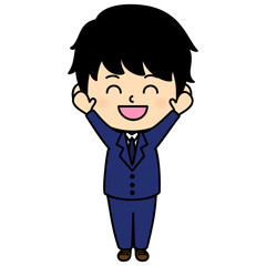 使いやすいオーソドックスなデザインのビジネススーツを着た男性キャラクターのアイコン / 万歳