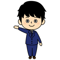使いやすいオーソドックスなデザインのビジネススーツを着た男性キャラクターのアイコン / 片手を上げる こちら