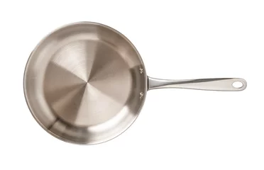 Foto op Plexiglas Empty stainless steel skillet isolated on a white background. New frying pan of 18/10 chrome nickel steel cutout. Modern inox cookware. Metal frypan for food frying, searing, and browning. © Maryia