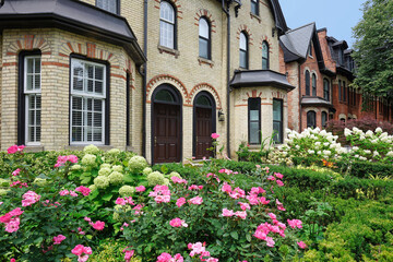 Fototapeta na wymiar Well preserved Victorian row houses with beautiful flowers in front garden