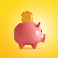 Realistic Pig piggy bank. Moneybox in the form of a pig and coins falling, isolated on yellow background, vector 3d illustration. Money creative business concept. Financial services. Web site Landing.