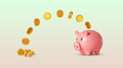 Realistic vector concept of investment. Big piggy bank with coins on background for commercial design. Saving or save money or open a bank deposit concept. 3D vector illustration. - obrazy, fototapety, plakaty