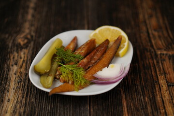 Traditional Turkish and Greek food appetizer (meze) on a wood background. 