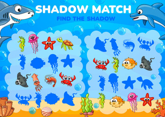 Shadow match game worksheet of cartoon funny underwater animals and fish. Vector kids puzzle game and matching riddle with task of find and connect cute crab, prawn, squid, sea turtle and jellyfish