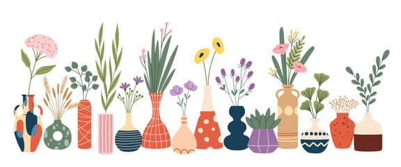 Fototapeta premium Scandinavian flower vases with bouquets of spring plants and flowers. Vector hygge vases, ceramic pots, bottles, cans and jugs with abstract pattern, dry herbs, leaves, hydrangea and begonia blossoms