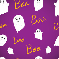 Halloween white Ghosts seamless pattern, cute Spirit on Purple Background.