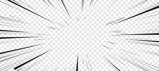 Manga speed lines, comic anime radial effect on transparent background, cartoon vector. Manga explosion, motion or movement action for comic book, burst flash rays frame for superhero bang effect
