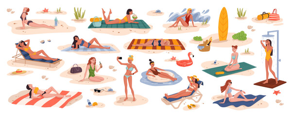 Pretty young women on summer beach, girls on vacations in bikini, vector seaside. Women on tropical beach in swimsuits sunbathing, drinking cocktail or making selfie photo and yoga relax or picnic