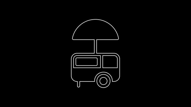 White line Fast street food cart with awning icon isolated on black background. Urban kiosk. Ice cream truck. 4K Video motion graphic animation