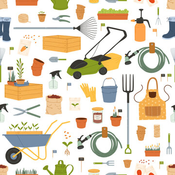 Farm and gardening tools seamless pattern. Vector background with plants and equipment of agriculture, farming and gardening. Garden gloves, boots, rake and wheelbarrow, mower, watering hose and can
