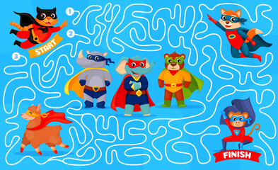 Fototapeta premium Labyrinth maze game, cartoon superhero animal characters kids puzzle vector worksheet. Find right way riddle with brave super hero cat, dog, bear and monkey in capes and masks, pathfinding game