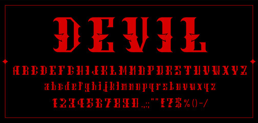 Devil font, demon typeface or bloody red evil letters, vector horror alphabet typography. Gothic text font with Satan devil horns, hell movie thriller typeface or demonic game script type