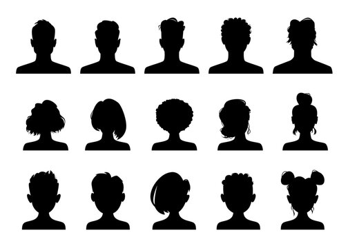 Avatar profile silhouettes, vector portraits of people heads. Male or female anonymous person avatars, social media user profile icon, silhouettes of man, woman, girl and boy with modern hairstyles