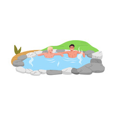 Japan onsen with hot spring bath. Cartoon young men relaxing in vector thermal pool of japanese spa hotel with hot water, steam, rocks and wood pathway. People visiting outdoor sauna, geothermal onsen