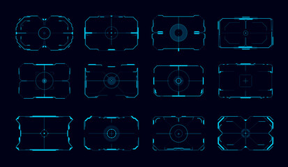 HUD aim control frames, ui or game interface. Vector futuristic digital target display or aim screen of military or space technology with neon borders, focus, crosshair. Modern aiming dashboard panels