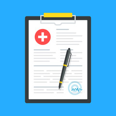 Medical document. Clipboard with prescription document, medical form and pen. Vector illustration - obrazy, fototapety, plakaty