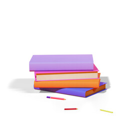 Stack of school textbooks and pencils isolated on a white background. School books, 3d render.