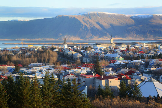 Reykjavik, Iceland (with Mount Esja in the background), viewed from the Perlan restaurant