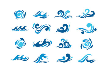 Big set of stylized ocean waves. Colored set. Sea water wave, ocean flowing and swirl illustration 