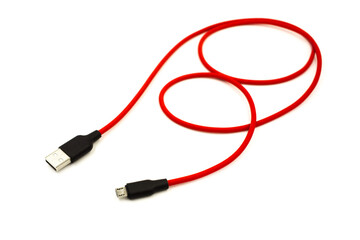 Red USB cable for smartphone isolated on white background.