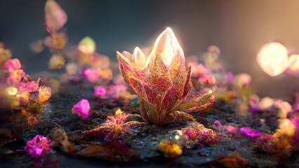 Magic autumn flowers, beautiful abstract floral background. Luxury backdrop. Hi tech. AI. - obrazy, fototapety, plakaty