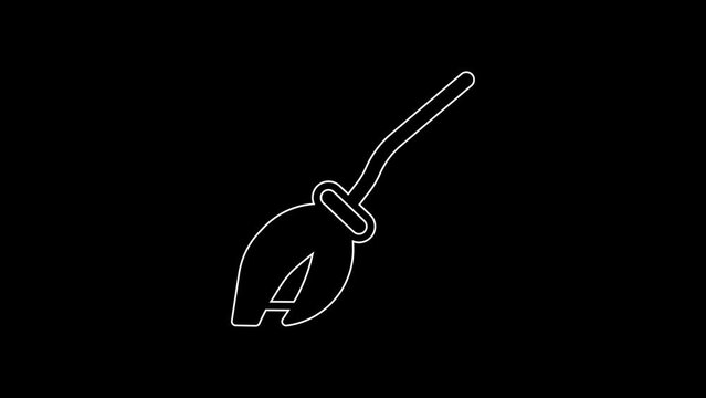 White line Witches broom icon isolated on black background. Happy Halloween party. 4K Video motion graphic animation