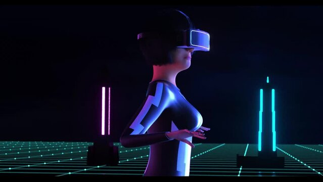 a young woman using a virtual reality headset in metaverse (3d rendering)