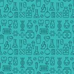 Medicine vector seamless pattern with medical elements for business and advertising. Health care sign collection. Medicine equipment silhouette illustration. Ambulance symbols