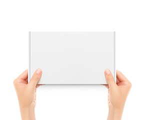 Obraz premium Realistic mailing box mockup with holding hands. Vector illustration isolated on white background. Up view. Ready for presentation your product. EPS10. 