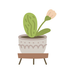 Plant in hanging pot. Houseplant hang on rope, decorative indoor plant, macrame flower pot, home potted plant vector illustration icon. Flower in pot on stand. Home jungle