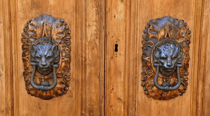Antike Türklopfer mit Löwenkopf an einer massiven Holztür