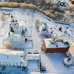 View from drones of Spaso-Preobrazhensky monastery winter in Murom, Russia.