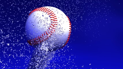 Fototapeta na wymiar White-red Baseball with diamond splash particles under blue-black lighting background. 3D illustration. 3D high quality rendering. 3D CG.