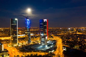 Night view of the four towers of the business district in Madrid. Spain