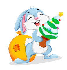 Merry Christmas and Happy New Year. Cartoon rabbit