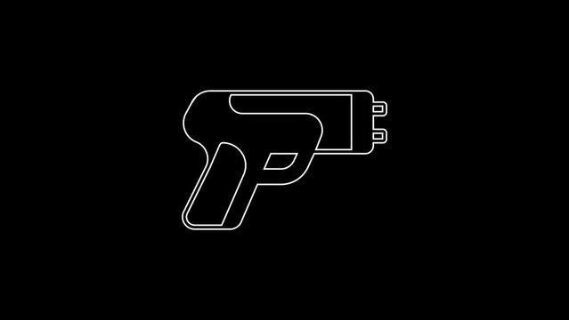 White line Police electric shocker icon isolated on black background. Shocker for protection. Taser is an electric weapon. 4K Video motion graphic animation