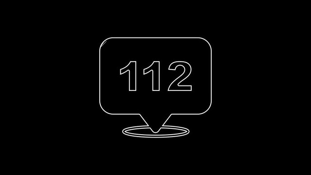 White line Telephone with emergency call 112 icon isolated on black background. Police, ambulance, fire department, call, phone. 4K Video motion graphic animation