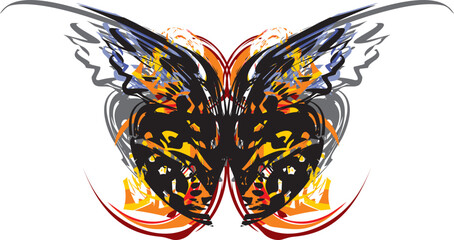 Fototapeta na wymiar Scary butterfly wings isolated on a white background. Lepidoptera in orange-black tones for shields or sport emblems, fabric, posters, textiles, labels, interior, prints, fashion trends, tattoos, etc.