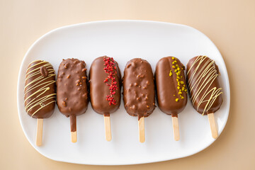  cupcake ice cream with chocolate cream.Chocolate biscuits on a stick in the form of ice cream,chocolate decor on a beige background.Summer desserts. Appetizing cupcakes and pastries.Choux pastry.