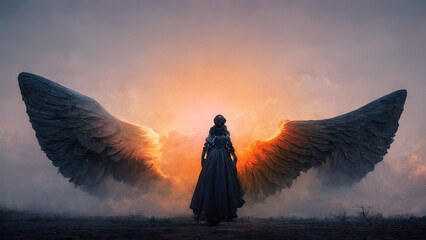 Fantasy black angel. Black angel feathers. Dramatic scary background. 3D illustration. - obrazy, fototapety, plakaty
