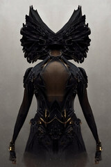Fantasy black angel. Black angel feathers. Dramatic scary background. 3D illustration.