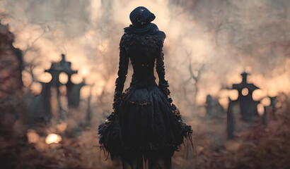 Fantasy black angel. Black angel feathers. Fantasy landscape of a cemetery with a black angel. Dramatic scary background. 3D illustration.