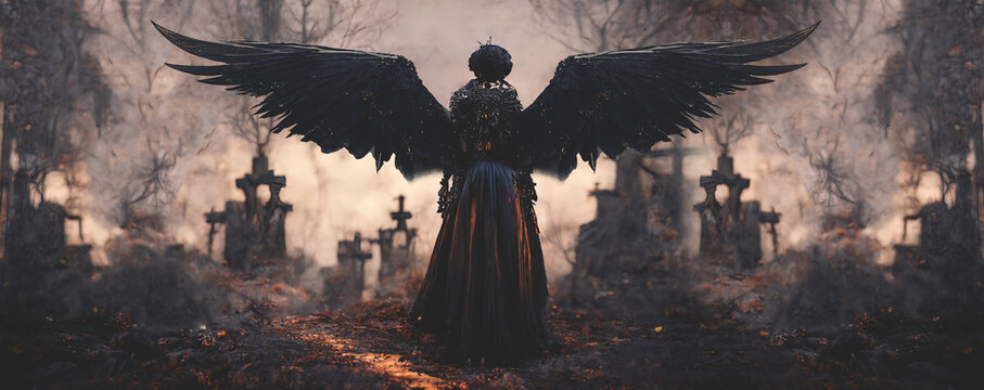 Fantasy Black Angel. Black Angel Feathers. Fantasy Landscape Of A Cemetery With A Black Angel. Dramatic Scary Background. 3D Illustration.