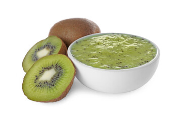 Fototapeta na wymiar Kiwi puree in bowl and fresh fruits on white background