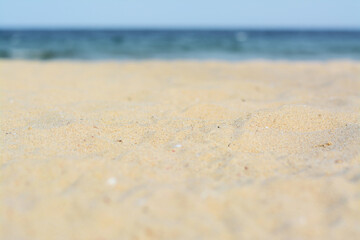 Fototapeta na wymiar Beautiful sandy beach near sea, closeup view