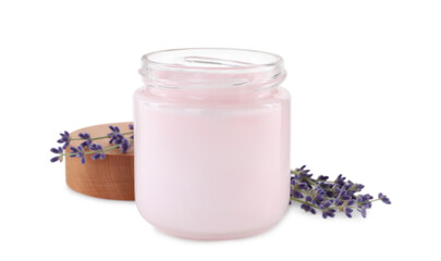 Obraz na płótnie Canvas Jar of hand cream and lavender on white background