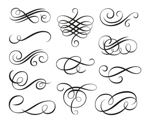 Vintage swirl ornament, line style flourishes set. Filigree calligraphic ornamental curls. Decorative retro design elements for menu, certificate diploma, wedding invatation card, outline text divider