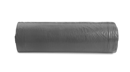 Roll of grey garbage bags on white background. Cleaning supplies