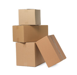 Many closed cardboard boxes on white background. Delivery service